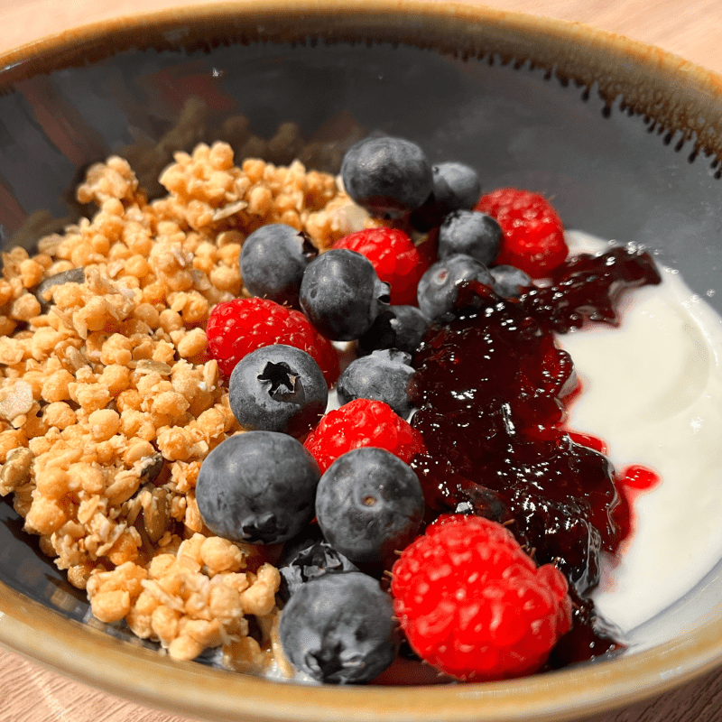Seasonal Berries and Granola Yoghurt at Discovery Village Eat and Drink at Discovery VIllage's family friendly cafe with lots of healthy food options