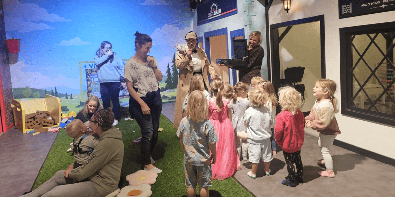 Children work as a team to help solve the case and listen to a story read by our live actor