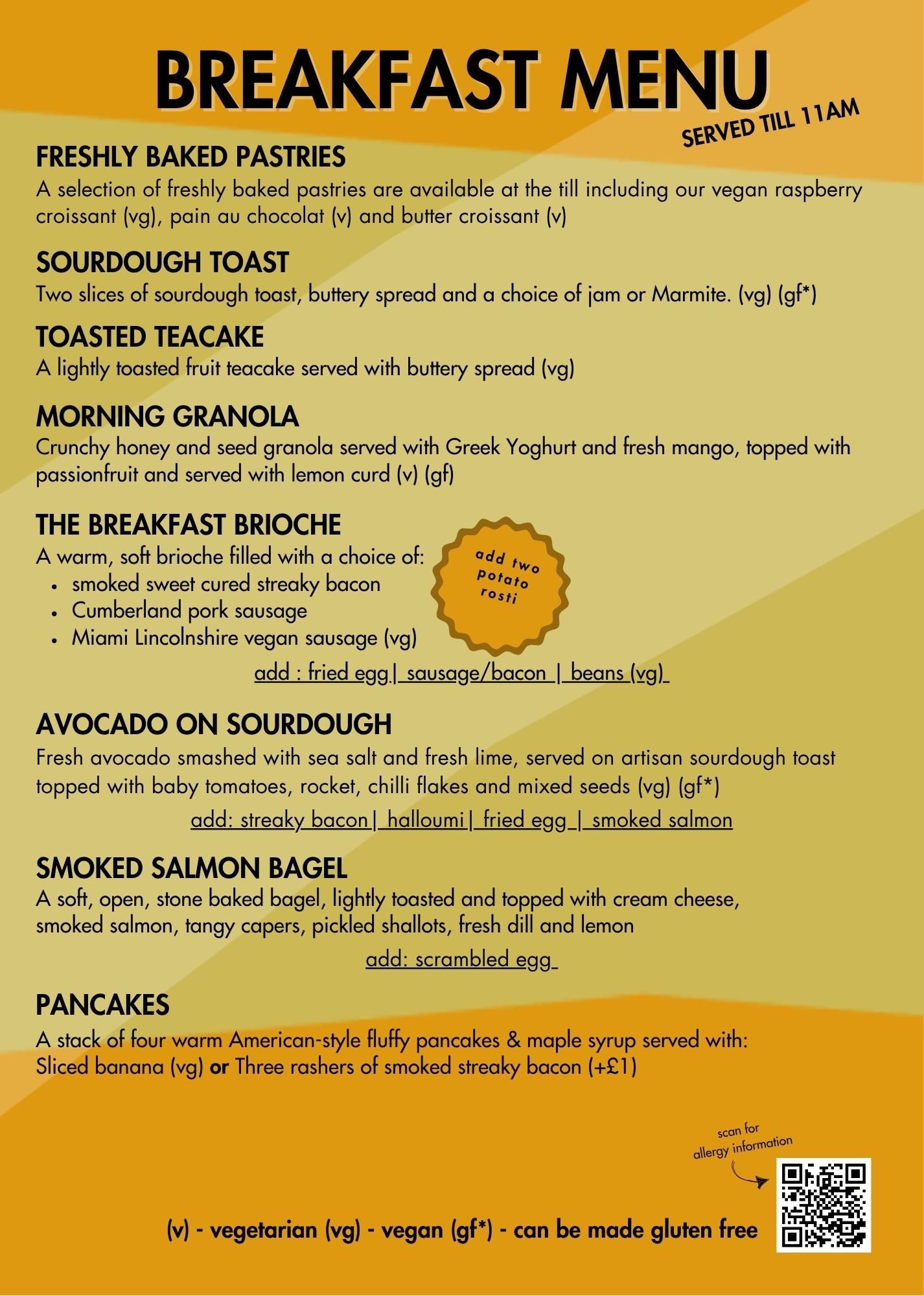 Breakfast brioche's, smoked salmon bagels, granola and freshly baked pastries at our family friendly cafe