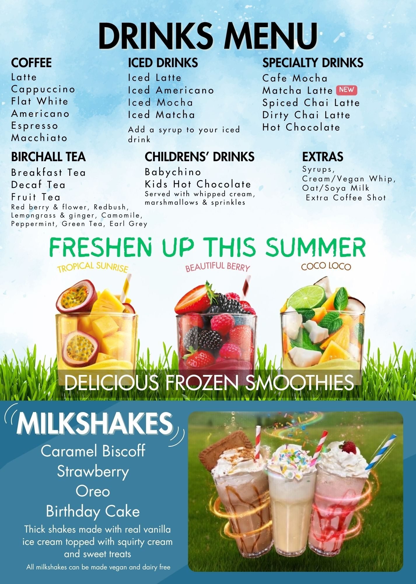 Barista coffee, specialty teas, smoothies, milkshakes, babychinos and iced lattes at Discovery Village indoor role play centre