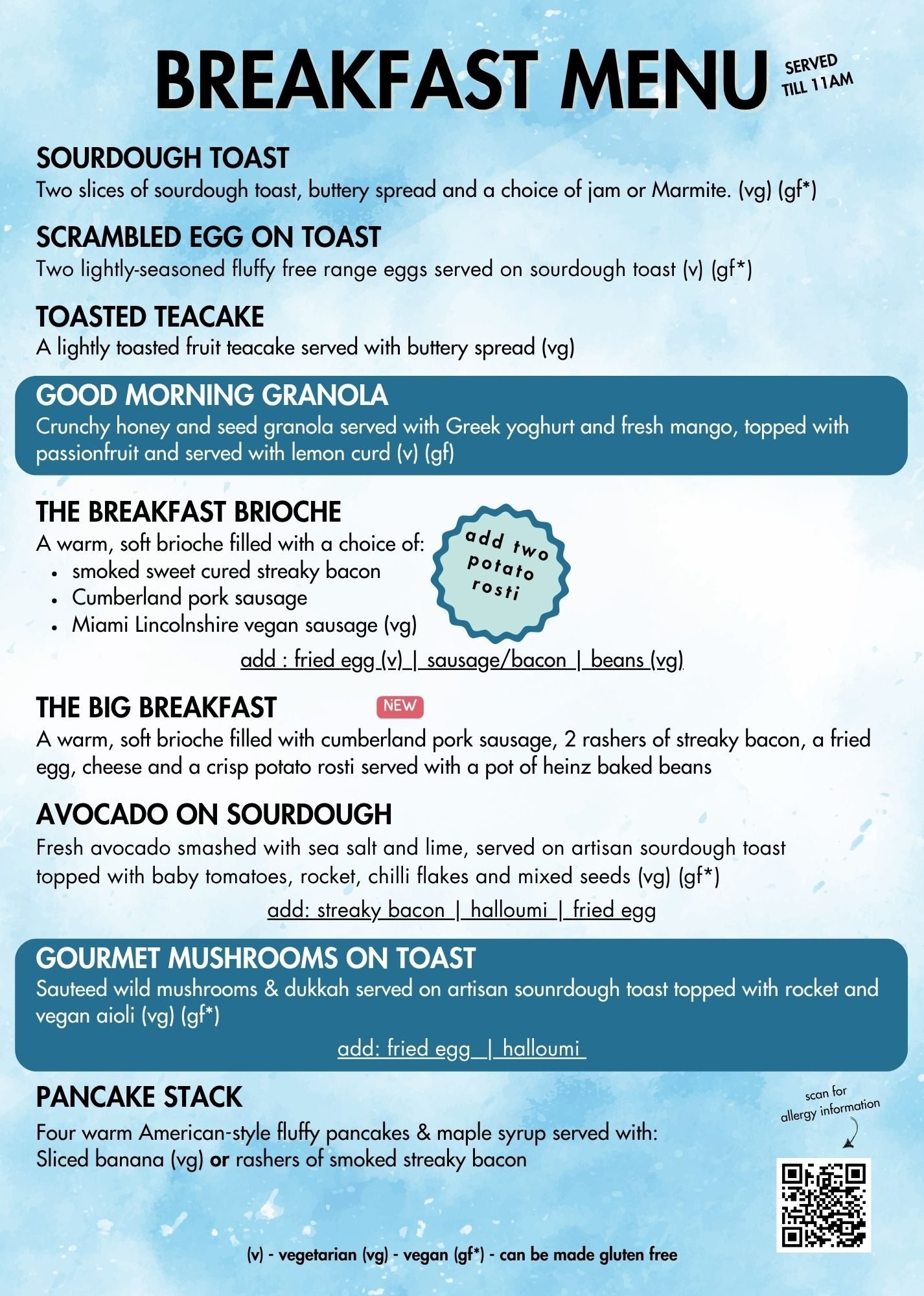 Breakfast brioche's, wild mushrooms on toast, granola and freshly baked pastries at our family friendly cafe