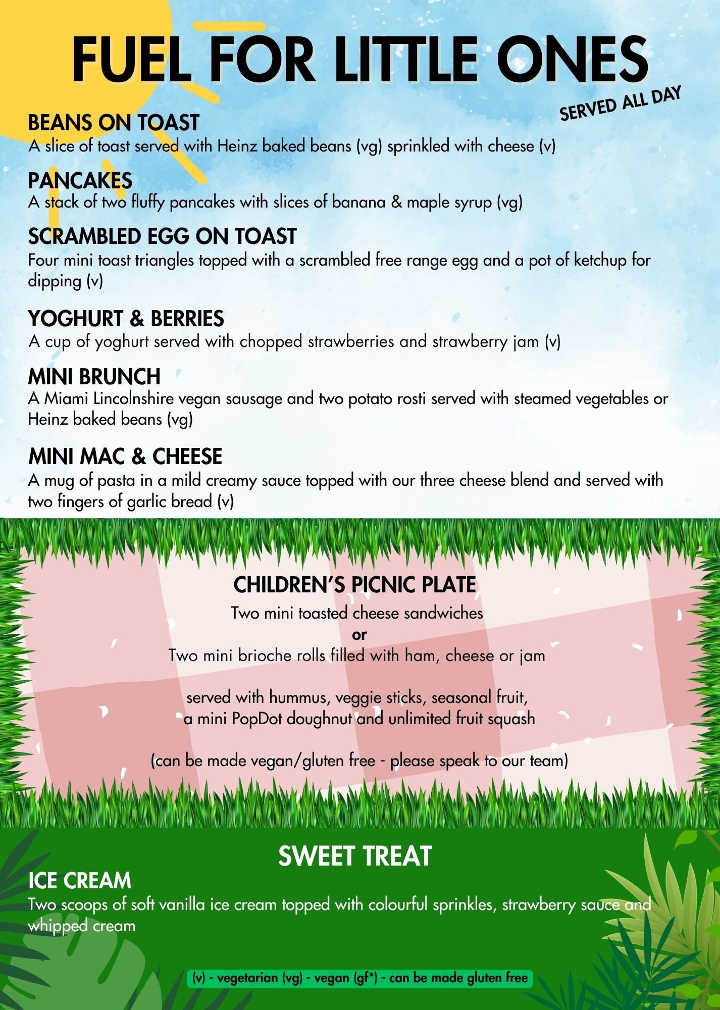 Children's lunch menu with healthy food options, family favourites and delicious treats