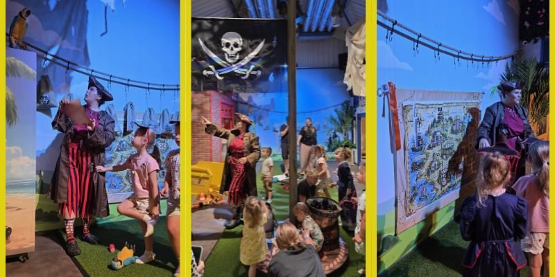 Raising the Jolly Roger with Captain Compass Children working together to rebuild a giant pirate treasure map during the summer holiday story